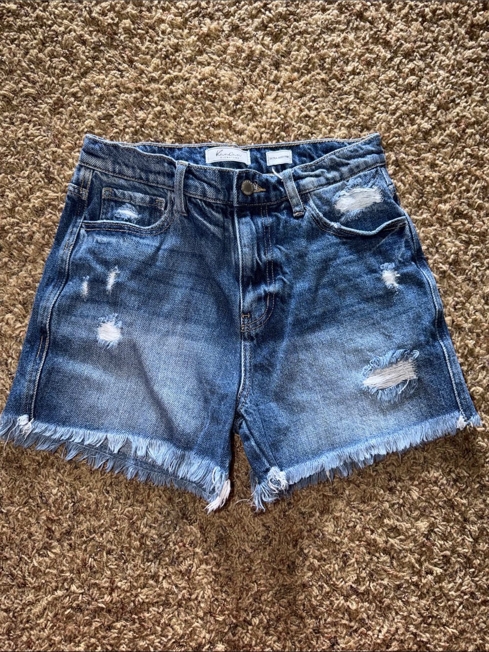 High-Rise Distressed Denim Shorts - Blue
